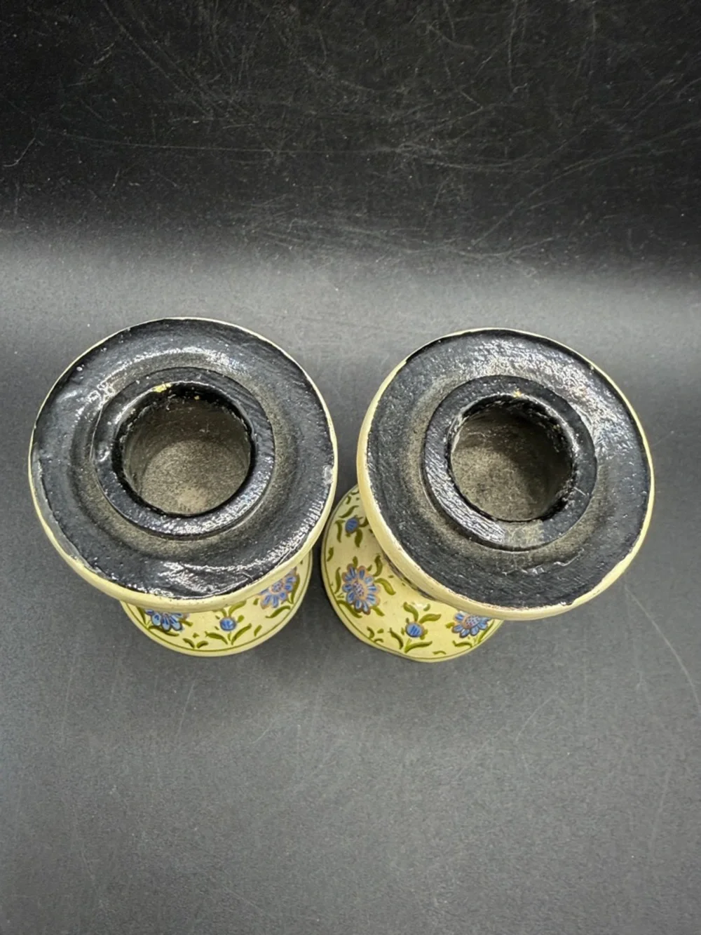 Pair Hand Painted Blue & Gold Tone Floral Flower Candlesticks Candle Holders